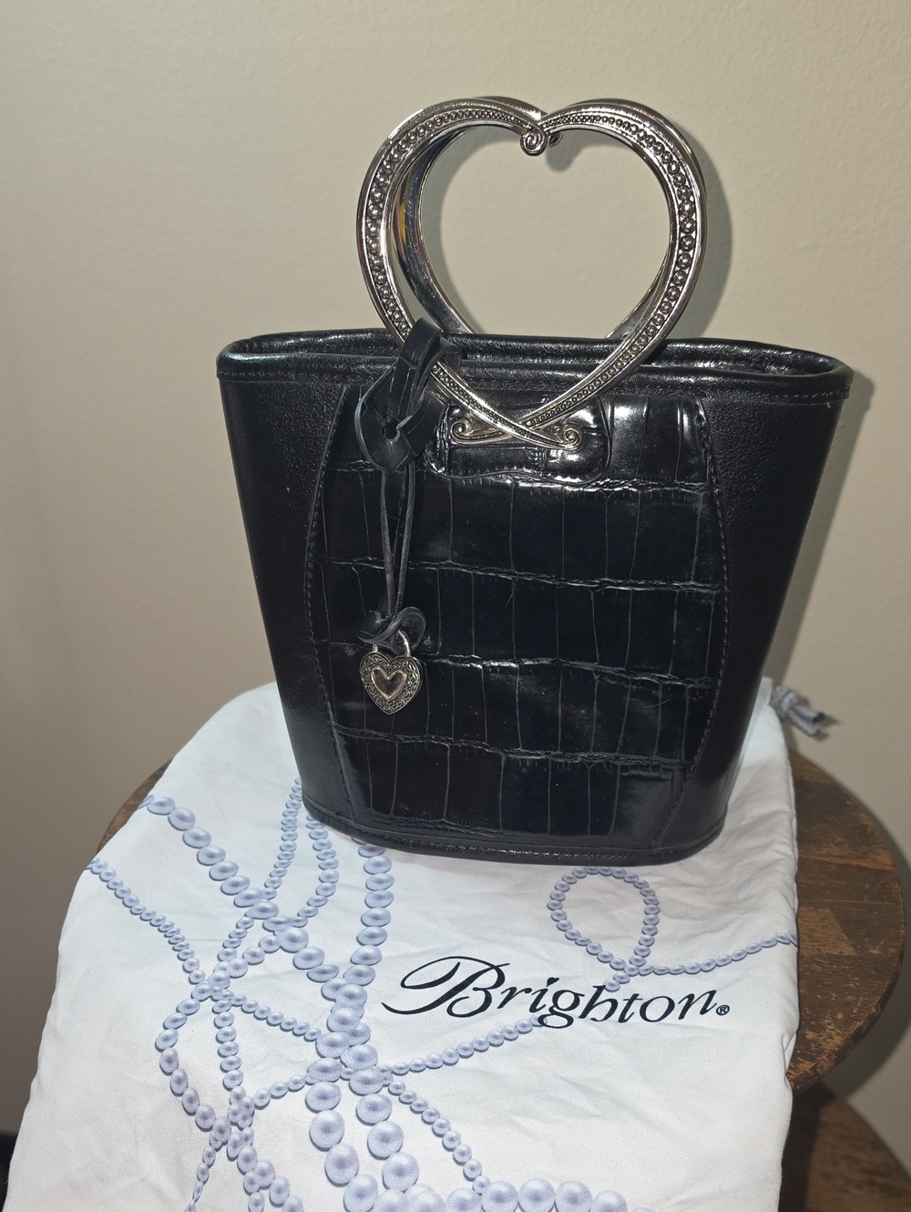 Brighton Vintage Leather Black Croc-Embossed Tote Silver Heart Handle